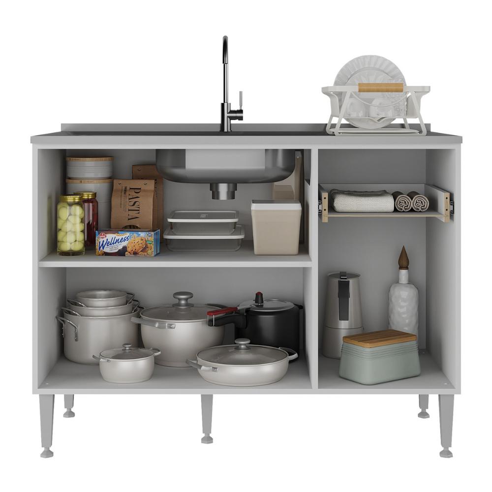 Balcão de Cozinha Gabinete Pia 105cm 3 Portas 1 Gaveta Siena Multimóveis MP2190 Branco Branco/Lacca Fumê