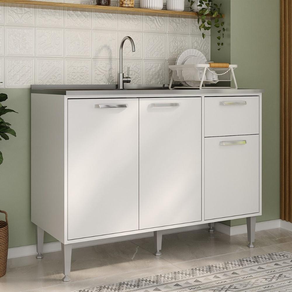 Balcão de Cozinha Gabinete Pia 105cm 3 Portas 1 Gaveta Xangai Multimóveis MP2246 Branco
