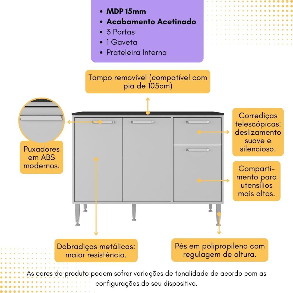 Balcão de Cozinha Gabinete Pia 105cm 3 Portas 1 Gaveta Xangai Multimóveis MP2246 Branco