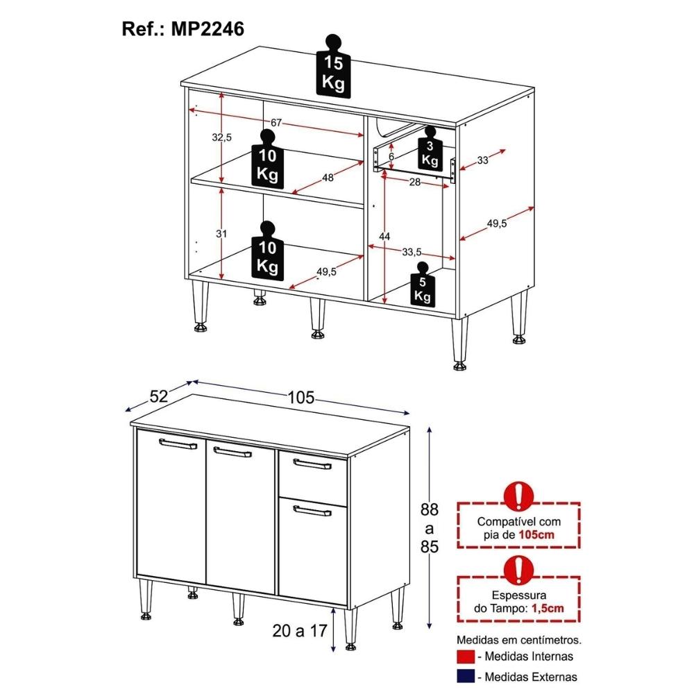 Balcão de Cozinha Gabinete Pia 105cm 3 Portas 1 Gaveta Xangai Multimóveis MP2246 Branco