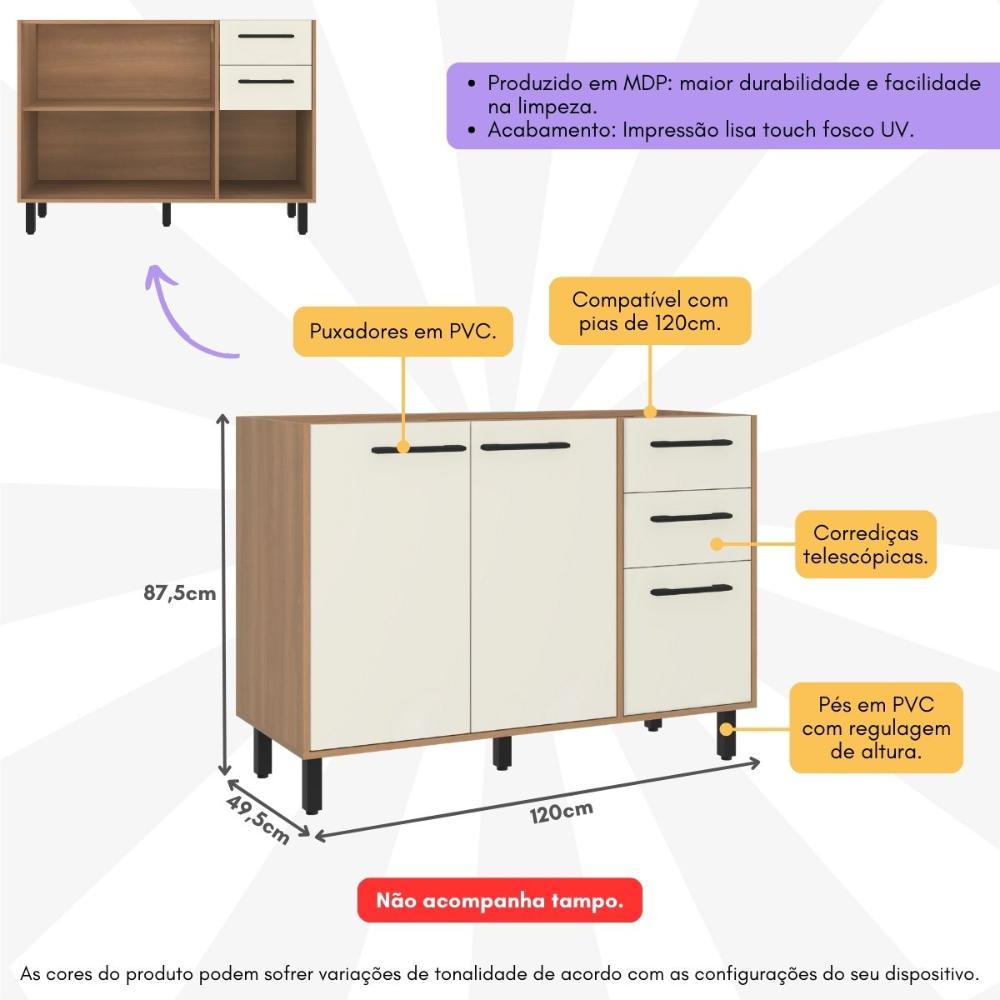 Balcão de Cozinha Gabinete Pia 120cm 3 Portas e 2 Gavetas Havana Multimóveis CR20310 Rovere/Champanhe