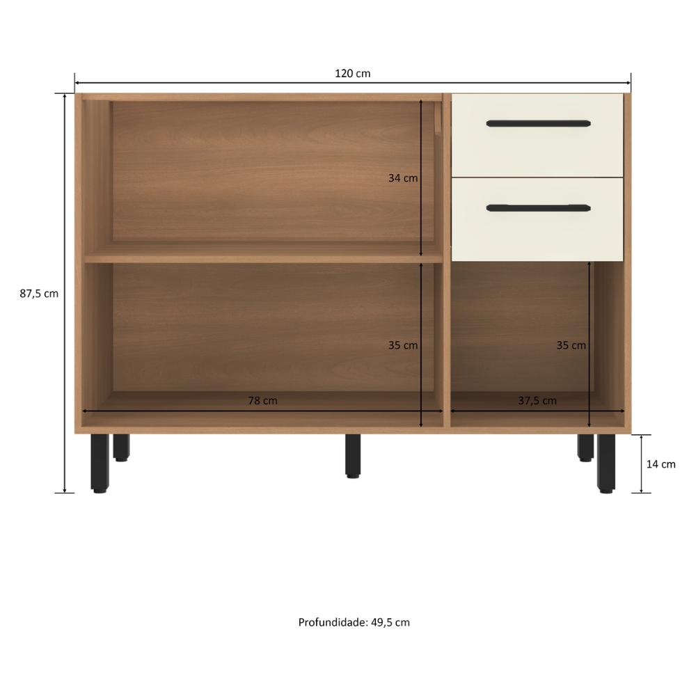 Balcão de Cozinha Gabinete Pia 120cm 3 Portas e 2 Gavetas Havana Multimóveis CR20310 Rovere/Champanhe