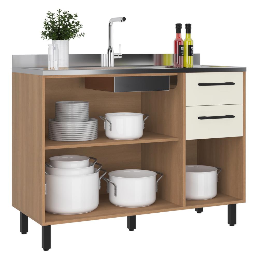 Balcão de Cozinha Gabinete Pia 120cm 3 Portas e 2 Gavetas Havana Multimóveis CR20310 Rovere/Champanhe