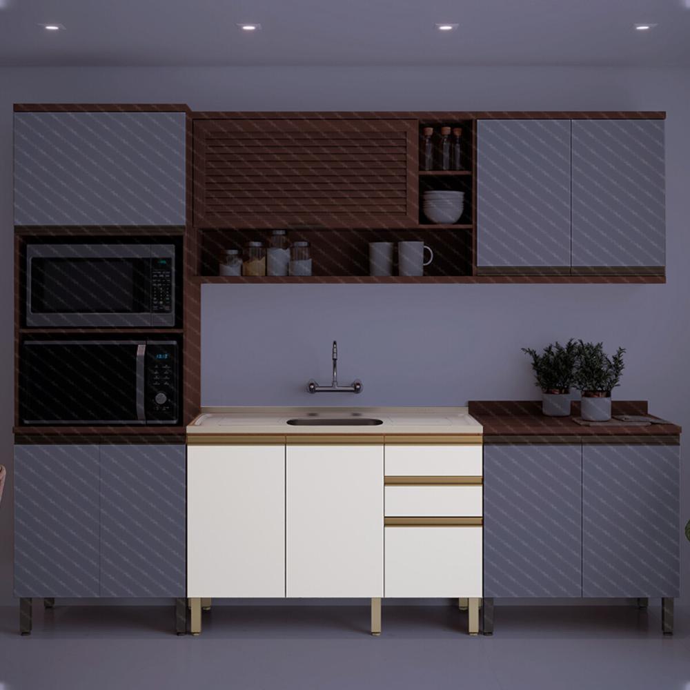 Balcão de Cozinha Gabinete Pia com 2 Portas e 3 Gavetas 120cm Multimóveis CR20397 Freijó/Branco