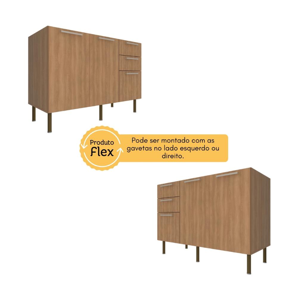 Balcão de Cozinha Gabinete para Pia 120cm 2 Portas 3 Gavetas Multimóveis CR20441 Freijó