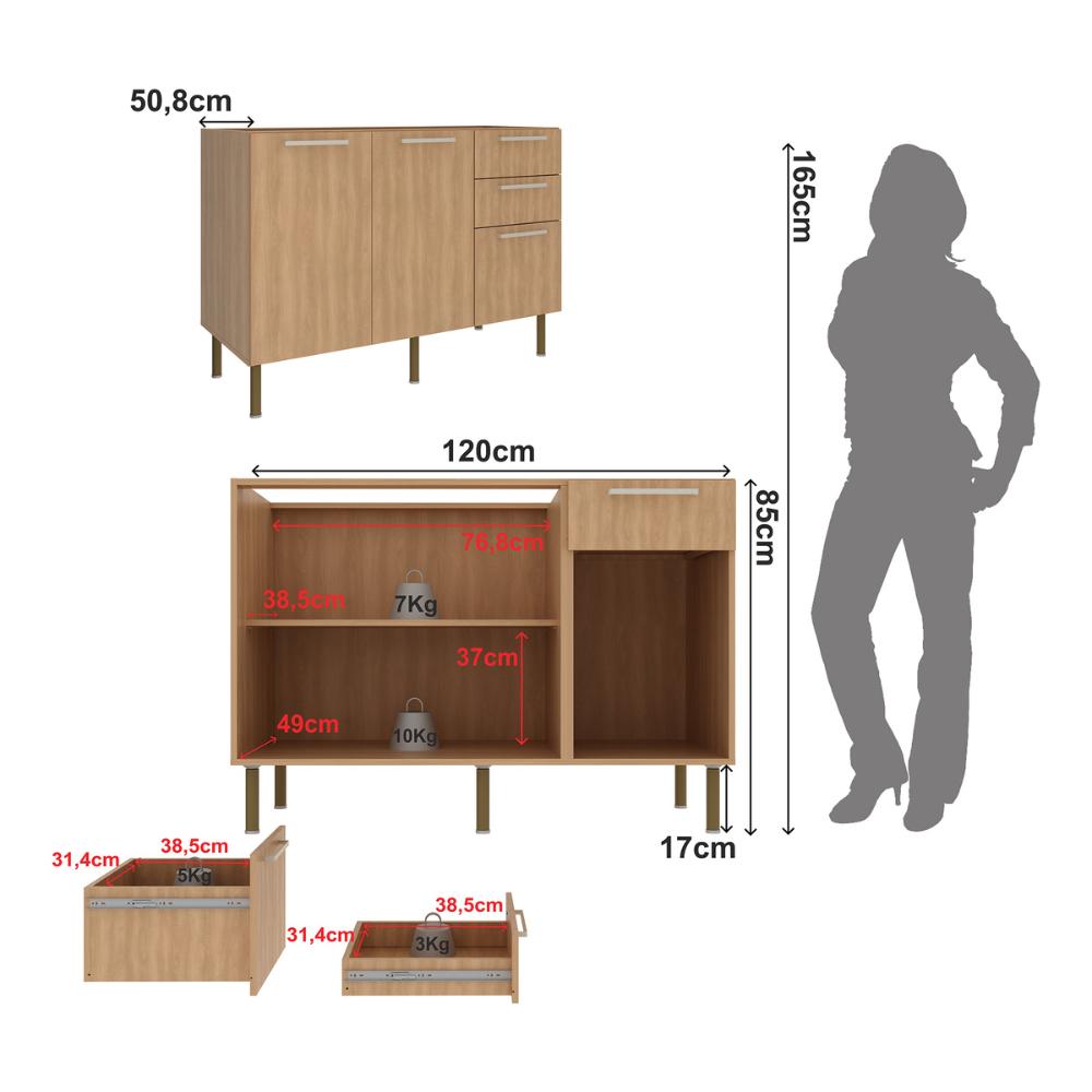 Balcão de Cozinha Gabinete para Pia 120cm 2 Portas 3 Gavetas Multimóveis CR20441 Freijó