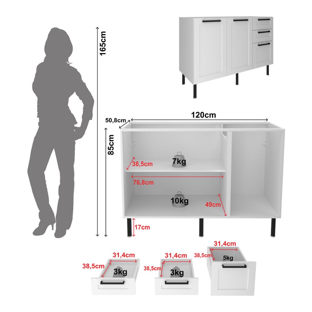 Balcão de Cozinha Gabinete para Pia 120cm MDF 2 Portas 3 Gavetas Multimóveis CR20444 Branco