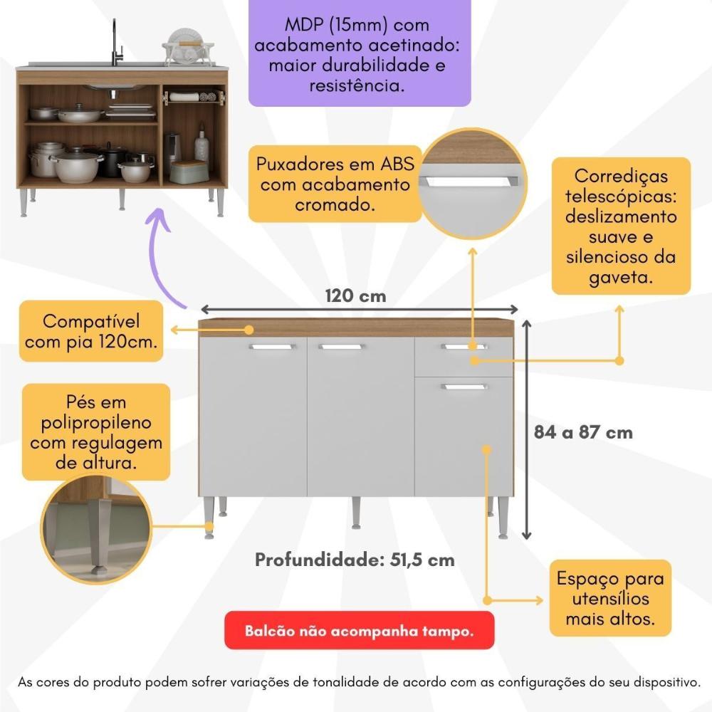 Balcão de Cozinha Gabinete para Pia 120cm Paris Multimóveis MP2215 Rustic/Branco