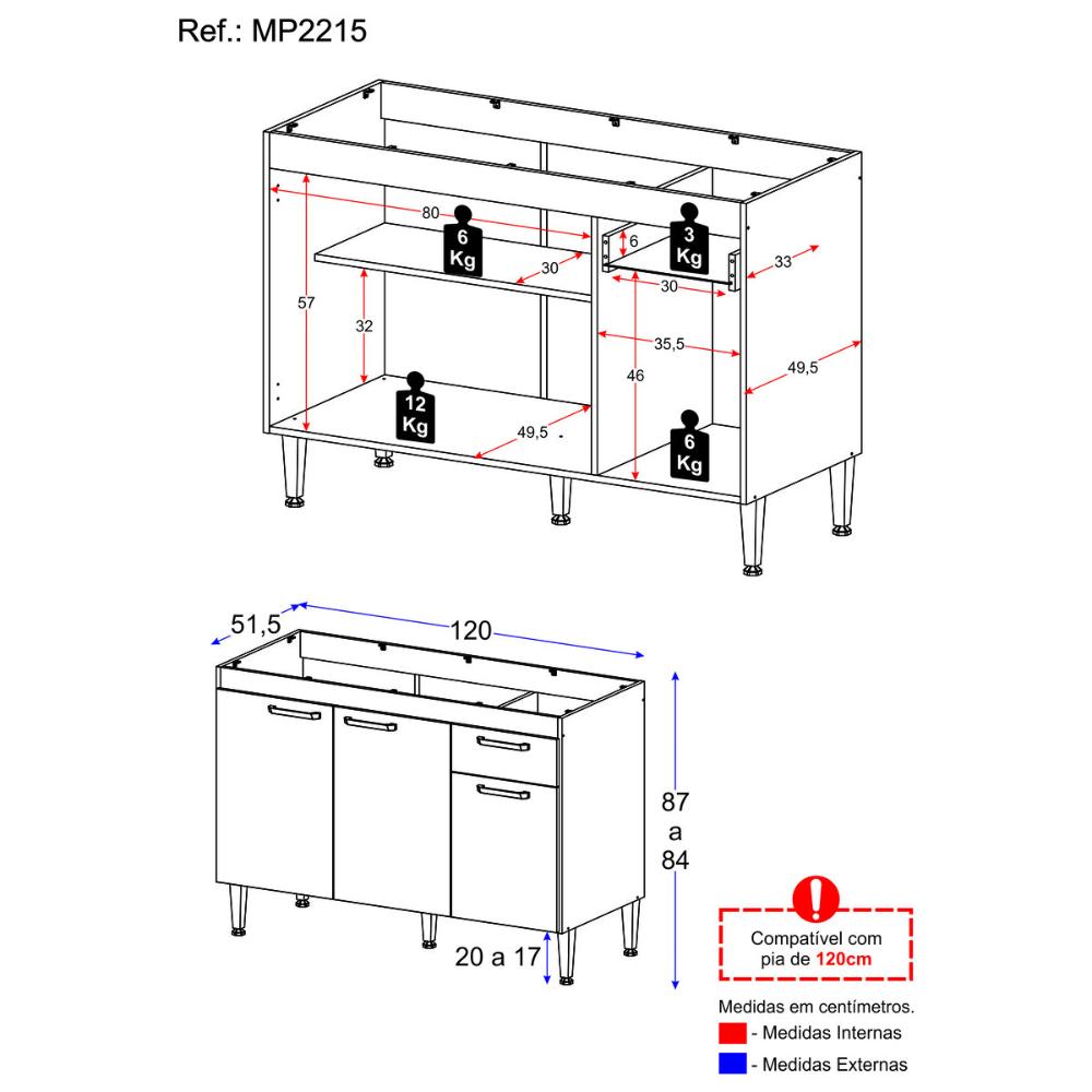 Balcão de Cozinha Gabinete para Pia 120cm Paris Multimóveis MP2215 Rustic/Branco