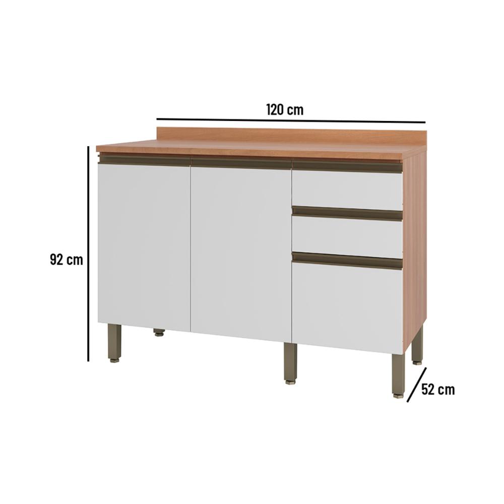 Balcão de Cozinha com Tampo 2 Portas e 3 Gavetas 120cm Multimóveis CR20398 Freijó/Branco