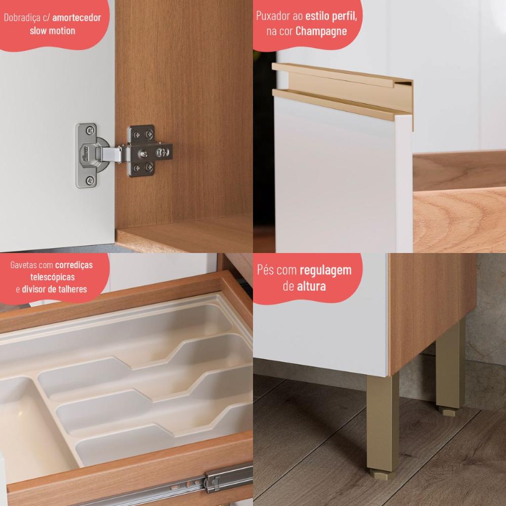 Balcão de Cozinha com Tampo 2 Portas e 3 Gavetas 120cm Multimóveis CR20398 Freijó/Branco