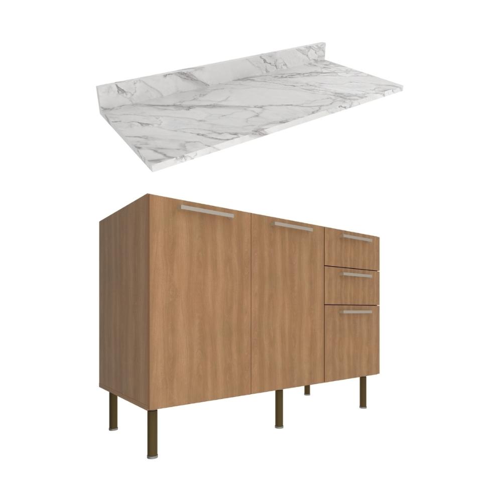 Balcão de Cozinha com Tampo 2 Portas e 3 Gavetas 120cm Multimóveis CR20457 Freijó/Mármore Branco