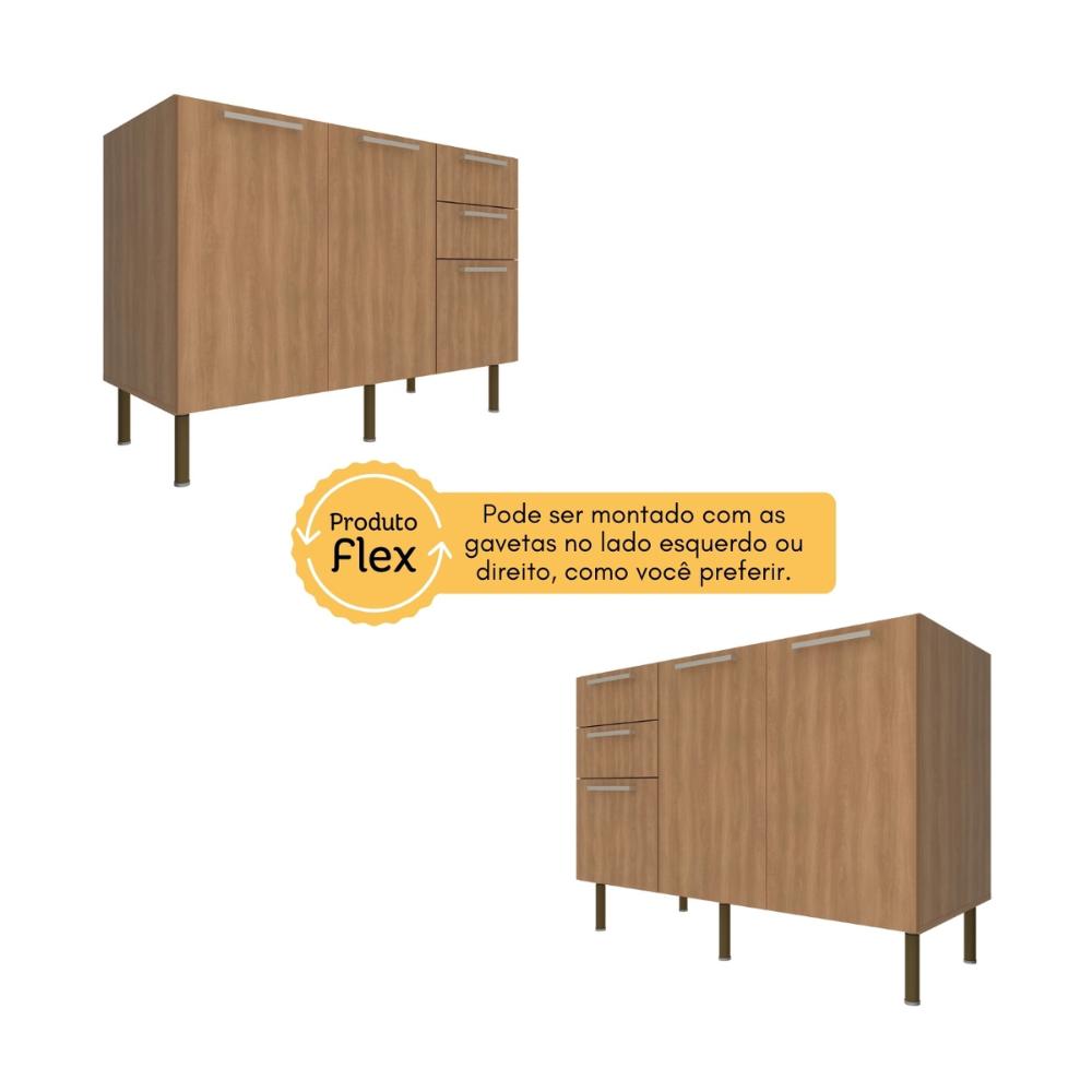 Balcão de Cozinha com Tampo 2 Portas e 3 Gavetas 120cm Multimóveis CR20457 Freijó/Mármore Branco