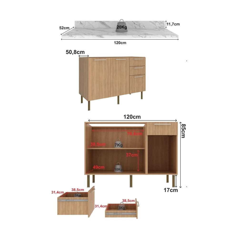 Balcão de Cozinha com Tampo 2 Portas e 3 Gavetas 120cm Multimóveis CR20457 Freijó/Mármore Branco