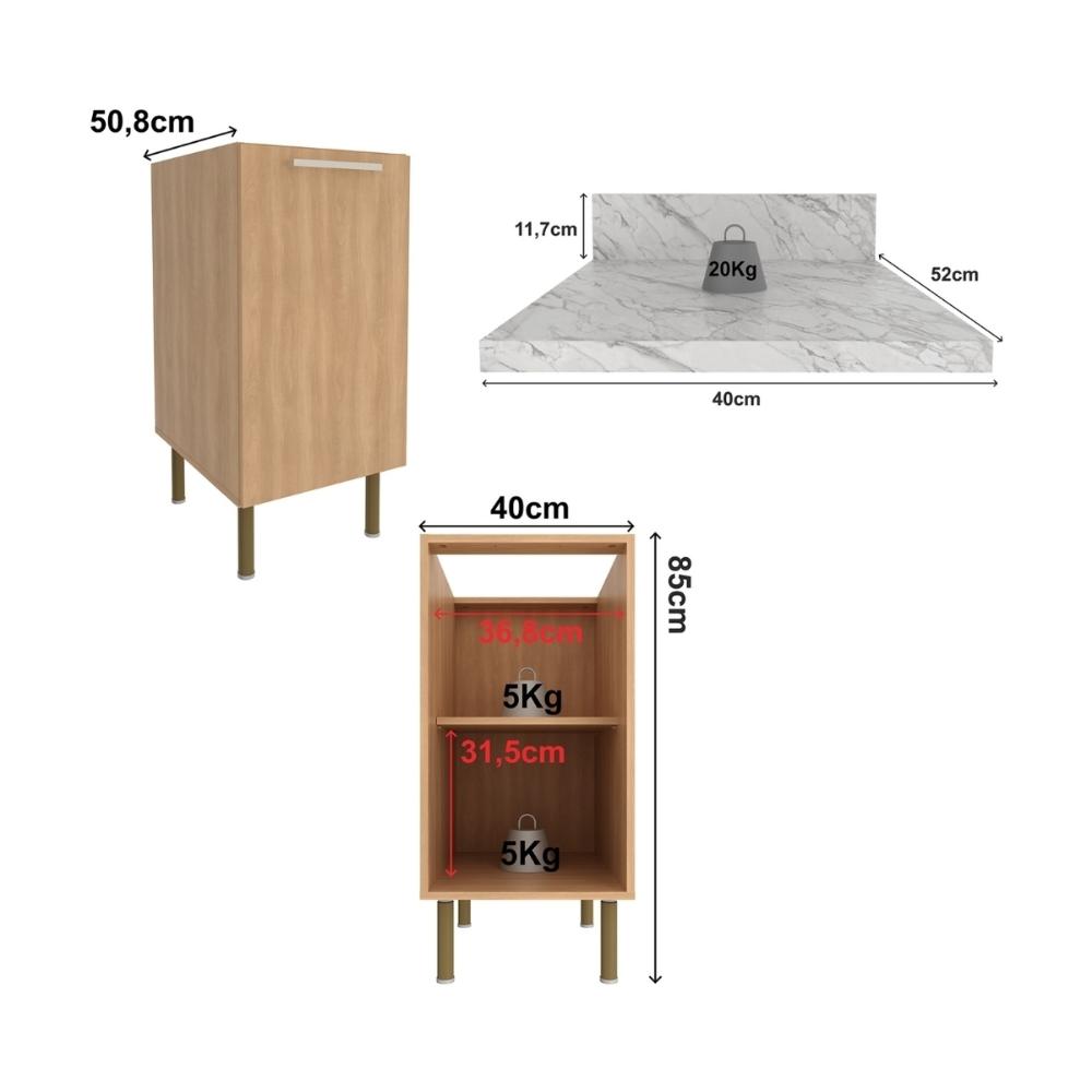 Balcão de Cozinha com Tampo e 1 Porta 40cm Multimóveis CR20458 Freijó/Mármore Branco
