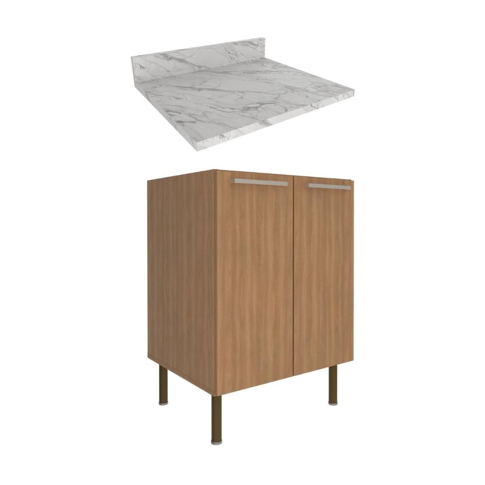 Balcão de Cozinha com Tampo e 2 Portas 60cm Multimóveis CR20461 Freijó/Mármore Branco