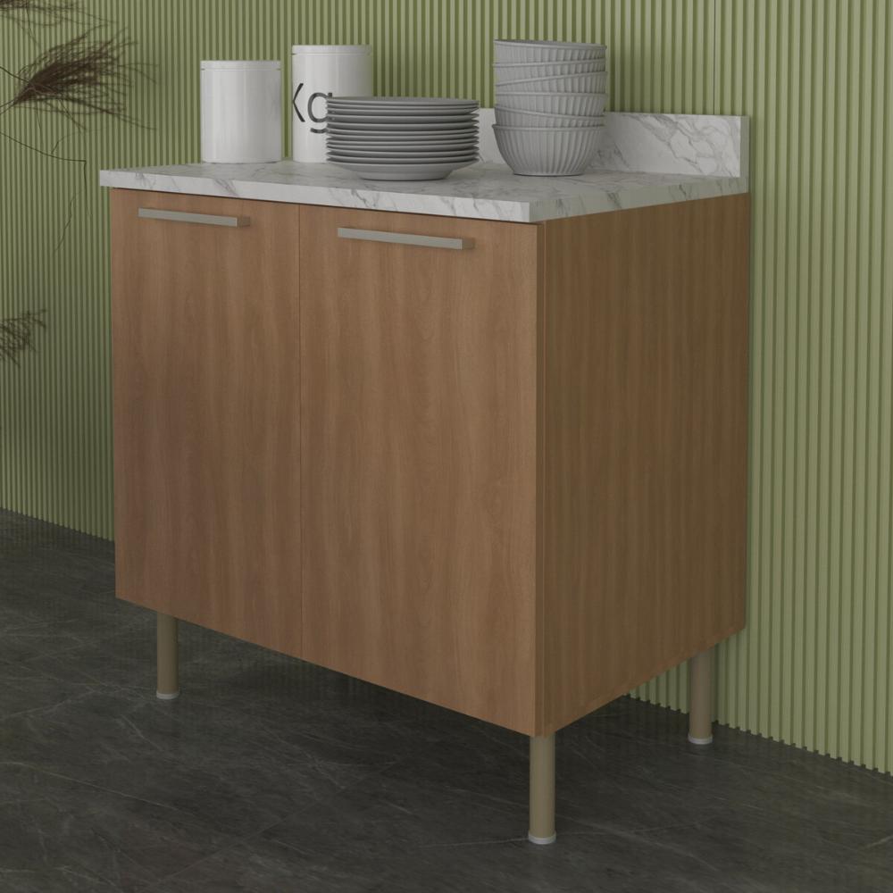 Balcão de Cozinha com Tampo e 2 Portas 80cm Multimóveis CR20460 Freijó/Mármore Branco