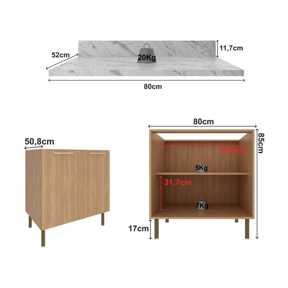 Balcão de Cozinha com Tampo e 2 Portas 80cm Multimóveis CR20460 Freijó/Mármore Branco