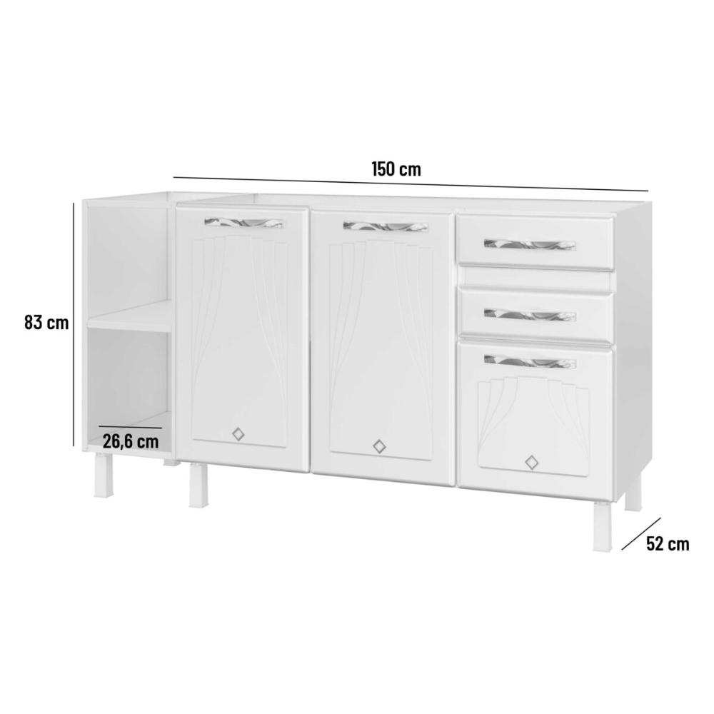 Balcão de Cozinha de Aço Gabinete para Pia 3 Portas 2 Gavetas 150cm Multimóveis CR20355 Branco