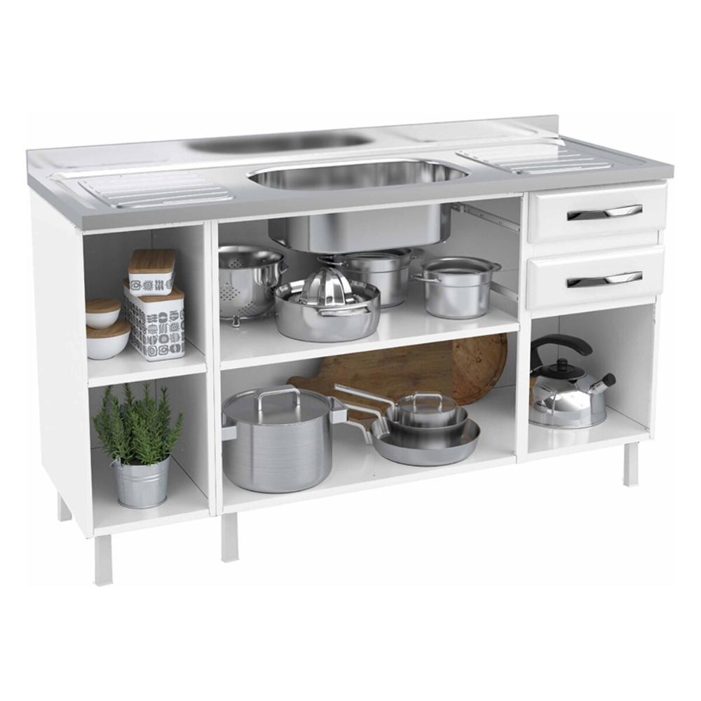 Balcão de Cozinha de Aço Gabinete para Pia 3 Portas 2 Gavetas 150cm Multimóveis CR20355 Branco