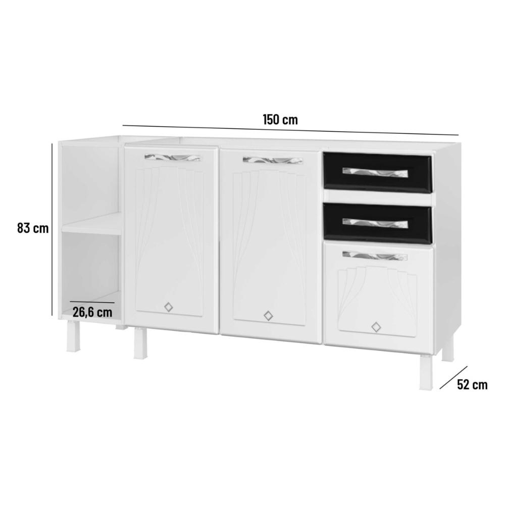 Balcão de Cozinha de Aço Gabinete para Pia 3 Portas 2 Gavetas 150cm Multimóveis CR20355 Branco/Preto
