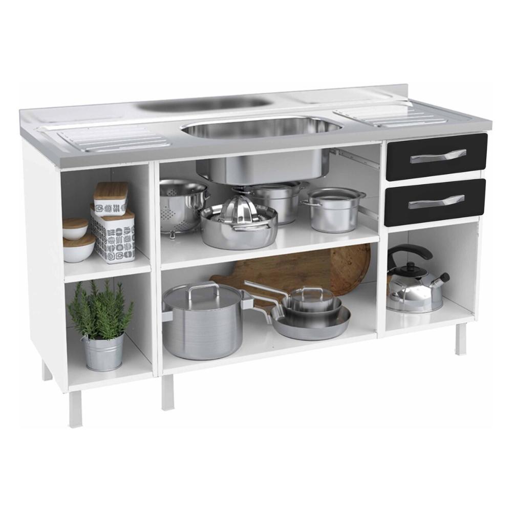 Balcão de Cozinha de Aço Gabinete para Pia 3 Portas 2 Gavetas 150cm Multimóveis CR20355 Branco/Preto