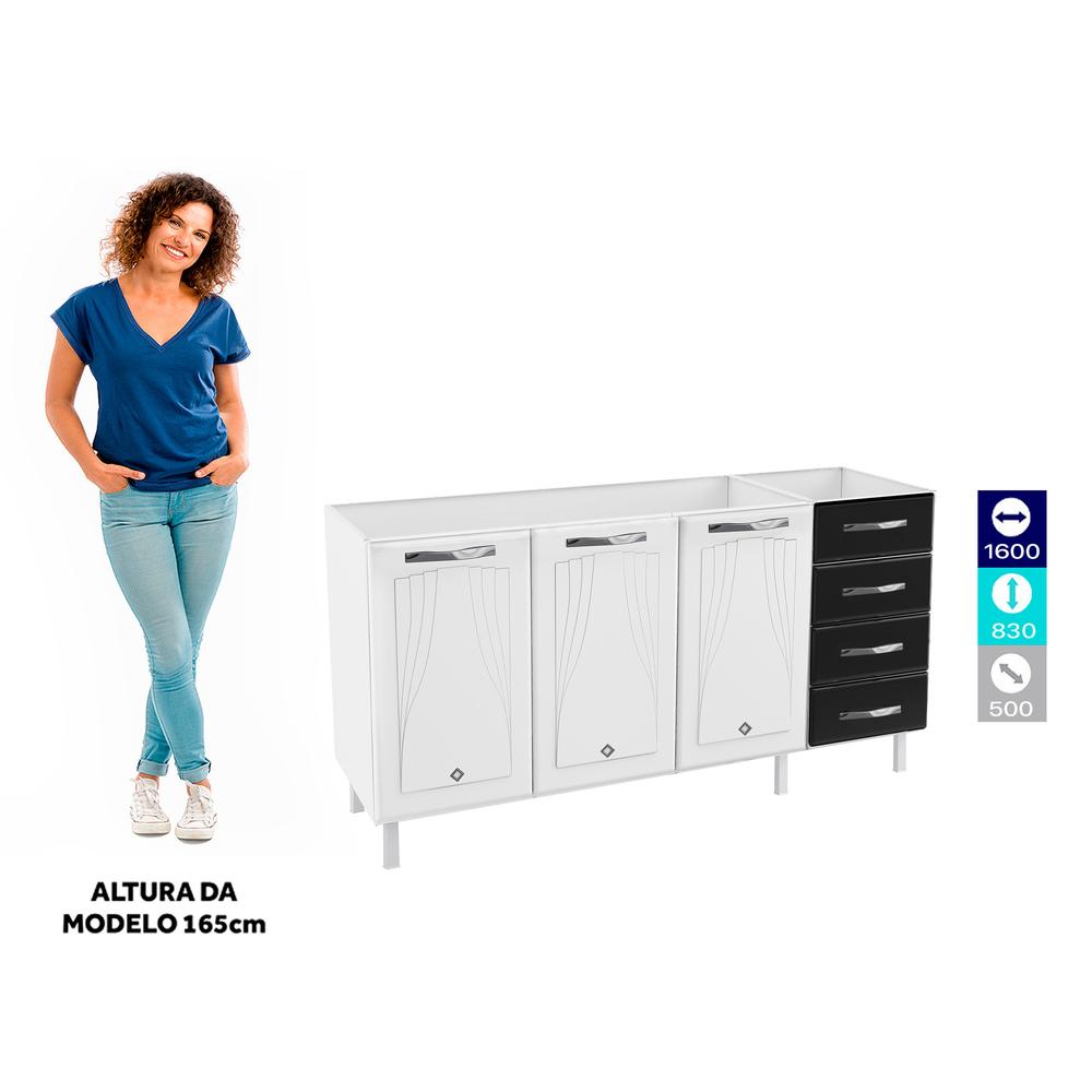 Balcão de Cozinha de Aço Quádruplo sem Tampo para Pia 160cm Clara Multimóveis CR6149 Branco/Preto