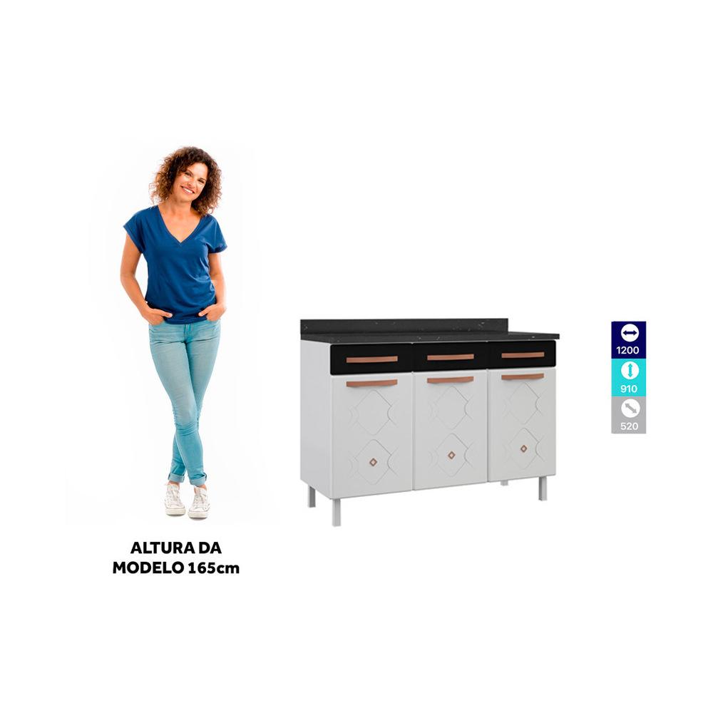 Balcão de Cozinha de Aço Triplo com Tampo Regina Multimóveis CR6126 Branco/Preto