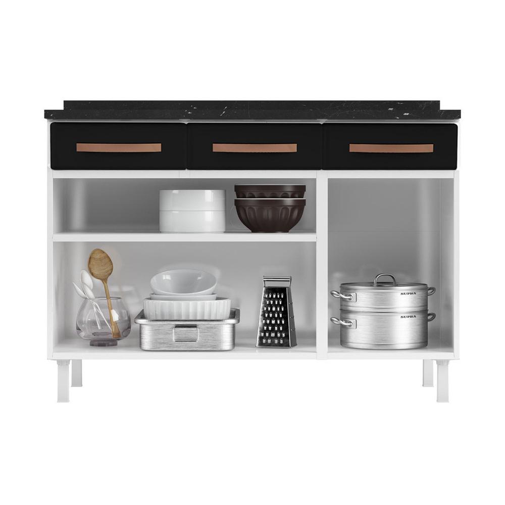 Balcão de Cozinha de Aço Triplo com Tampo Regina Multimóveis CR6126 Branco/Preto