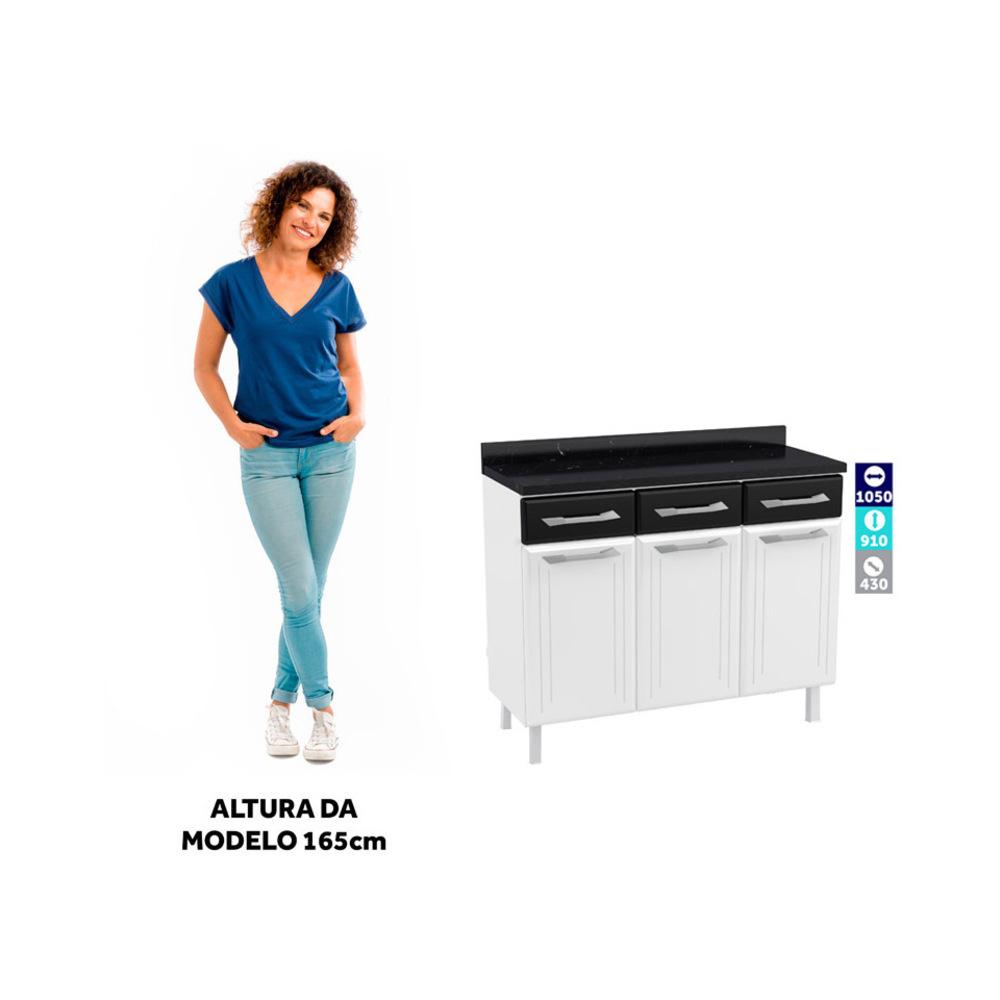 Balcão de Cozinha de Aço Triplo com Tampo Rose Multimóveis CR6091 Branco/Preto