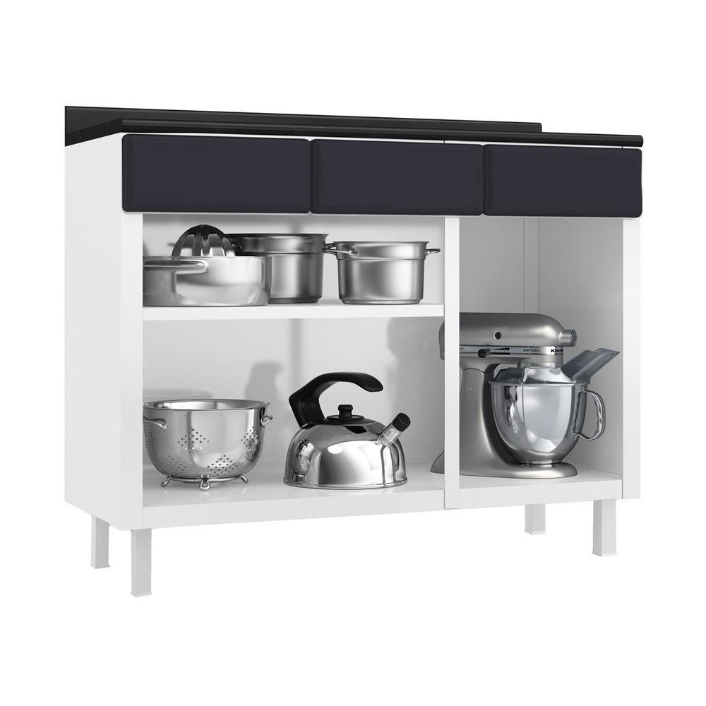Balcão de Cozinha de Aço Triplo com Tampo Rose Multimóveis CR6091 Branco/Preto