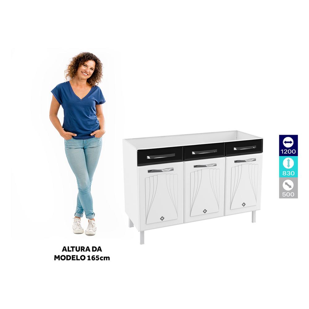 Balcão de Cozinha de Aço Triplo sem Tampo para Pia 120cm Clara Multimóveis CR6147 Branco/Preto
