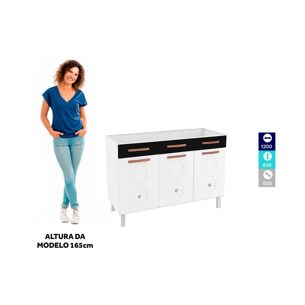 Balcão de Cozinha de Aço Triplo sem Tampo para Pia 120cm Regina Multimóveis CR6128 Branco/Preto