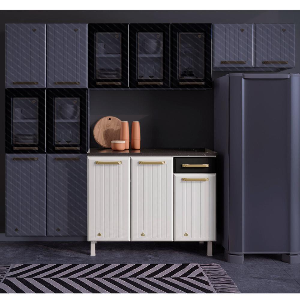 Balcão de Cozinha de Aço com Tampo 3 Portas e 1 Gaveta 105cm Multimóveis CR20361 Branco/Preto
