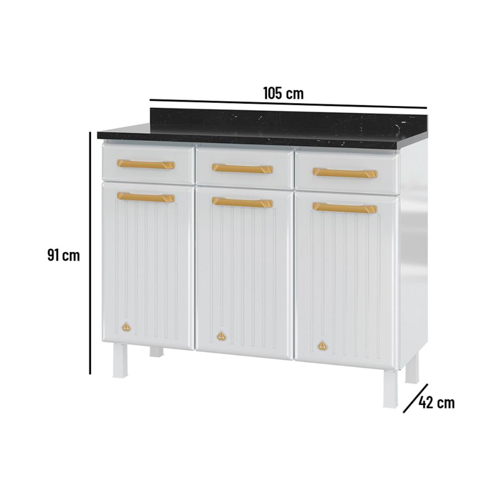 Balcão de Cozinha de Aço com Tampo 3 Portas e 3 Gavetas 105cm Multimóveis CR20360 Branco