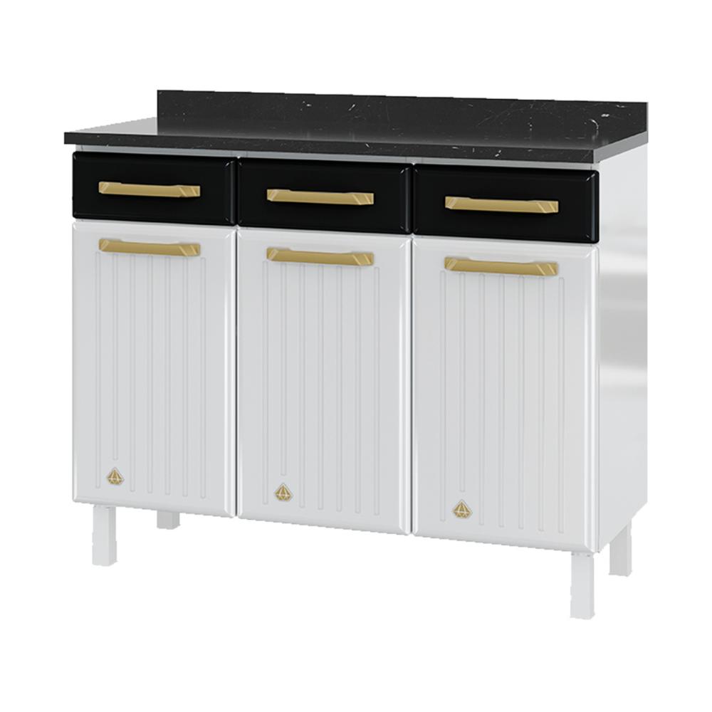 Balcão de Cozinha de Aço com Tampo 3 Portas e 3 Gavetas 105cm Multimóveis CR20360 Branco/Preto