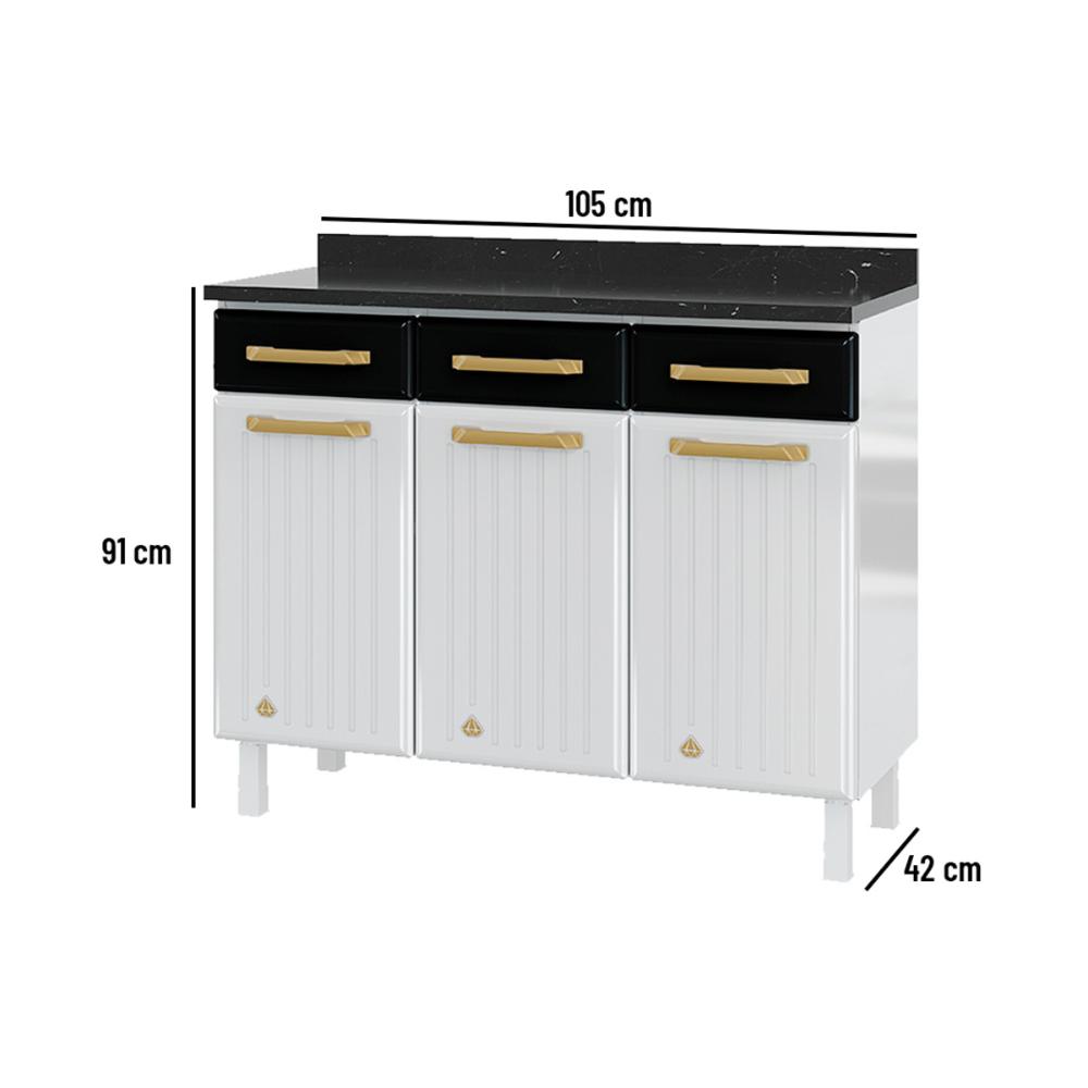 Balcão de Cozinha de Aço com Tampo 3 Portas e 3 Gavetas 105cm Multimóveis CR20360 Branco/Preto