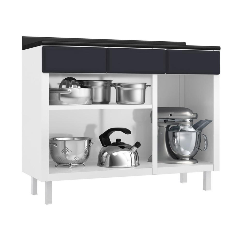 Balcão de Cozinha de Aço com Tampo 3 Portas e 3 Gavetas 105cm Multimóveis CR20360 Branco/Preto