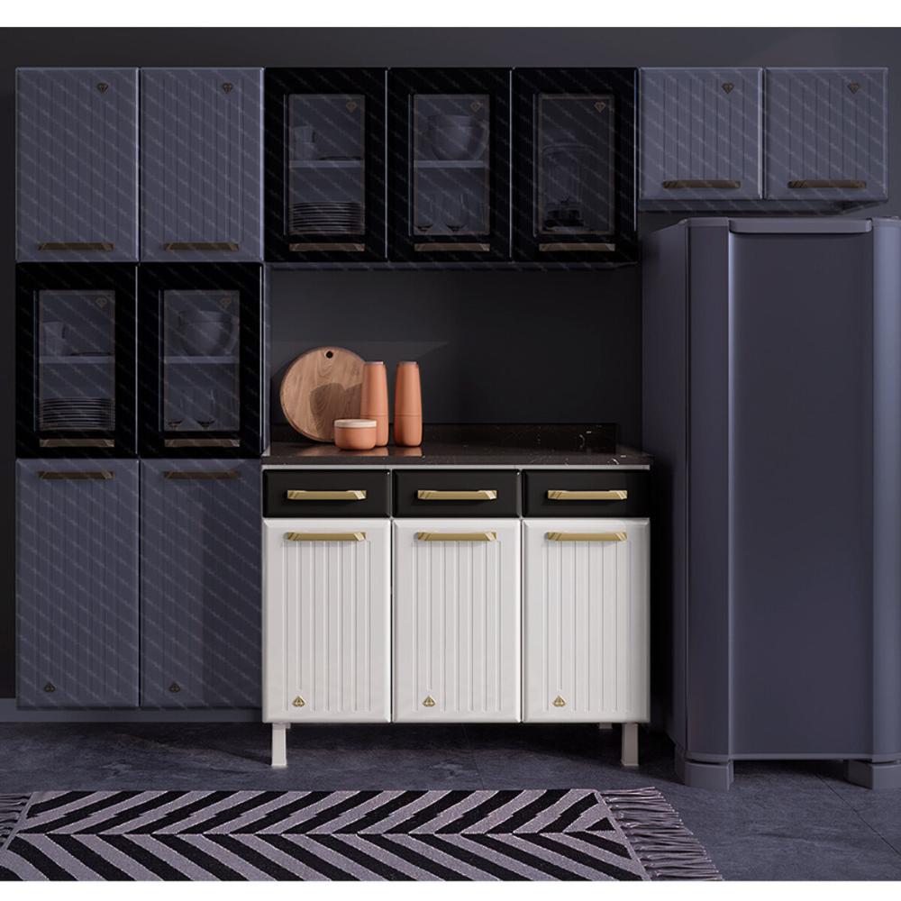 Balcão de Cozinha de Aço com Tampo 3 Portas e 3 Gavetas 105cm Multimóveis CR20360 Branco/Preto