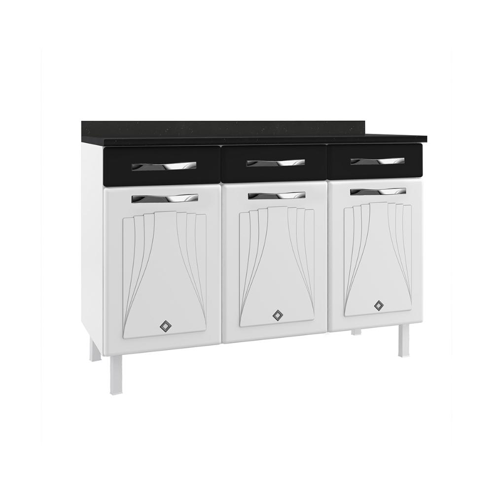 Balcão de Cozinha de Aço com Tampo 3 Portas e 3 Gavetas 120cm Multimóveis CR20354 Branco/Preto