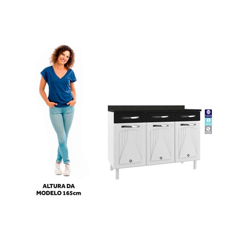 Balcão de Cozinha de Aço com Tampo 3 Portas e 3 Gavetas 120cm Multimóveis CR20354 Branco/Preto