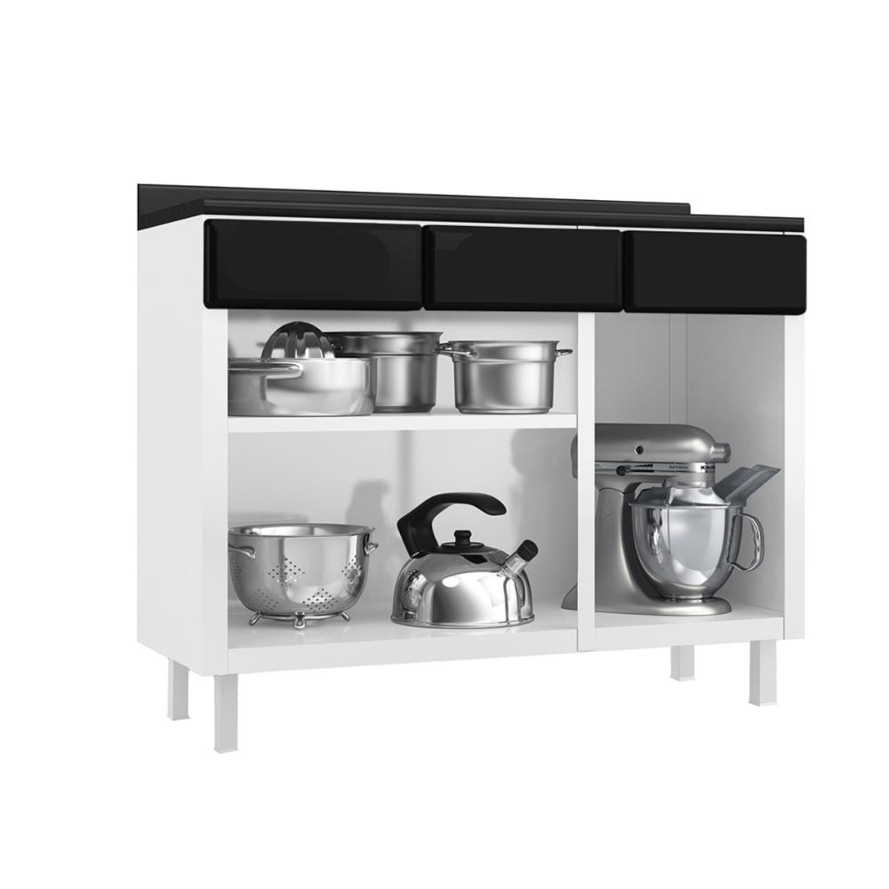 Balcão de Cozinha de Aço com Tampo 3 Portas e 3 Gavetas 120cm Multimóveis CR20354 Branco/Preto