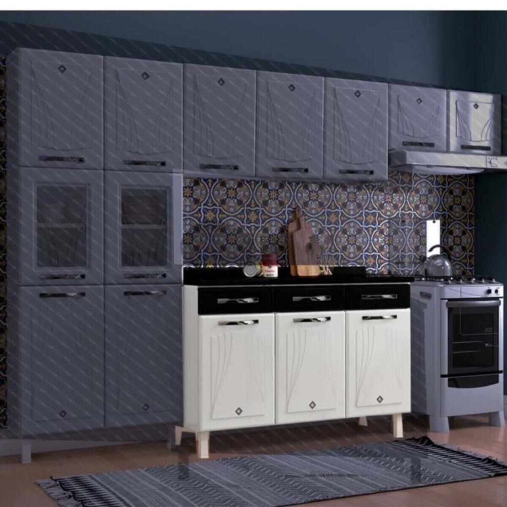 Balcão de Cozinha de Aço com Tampo 3 Portas e 3 Gavetas 120cm Multimóveis CR20354 Branco/Preto