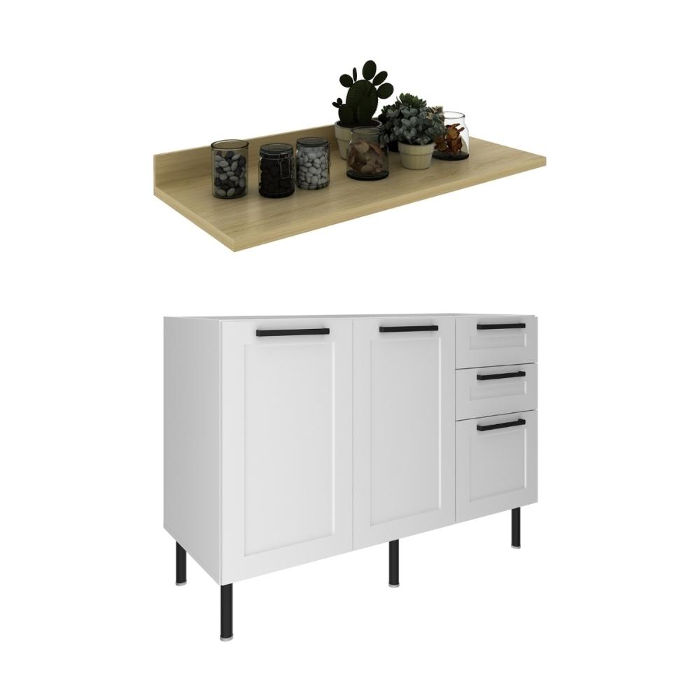 Balcão de Cozinha em MDF com Tampo 2 Portas e 3 Gavetas 120cm Multimóveis CR20462 Branco/Carvalho Tropical