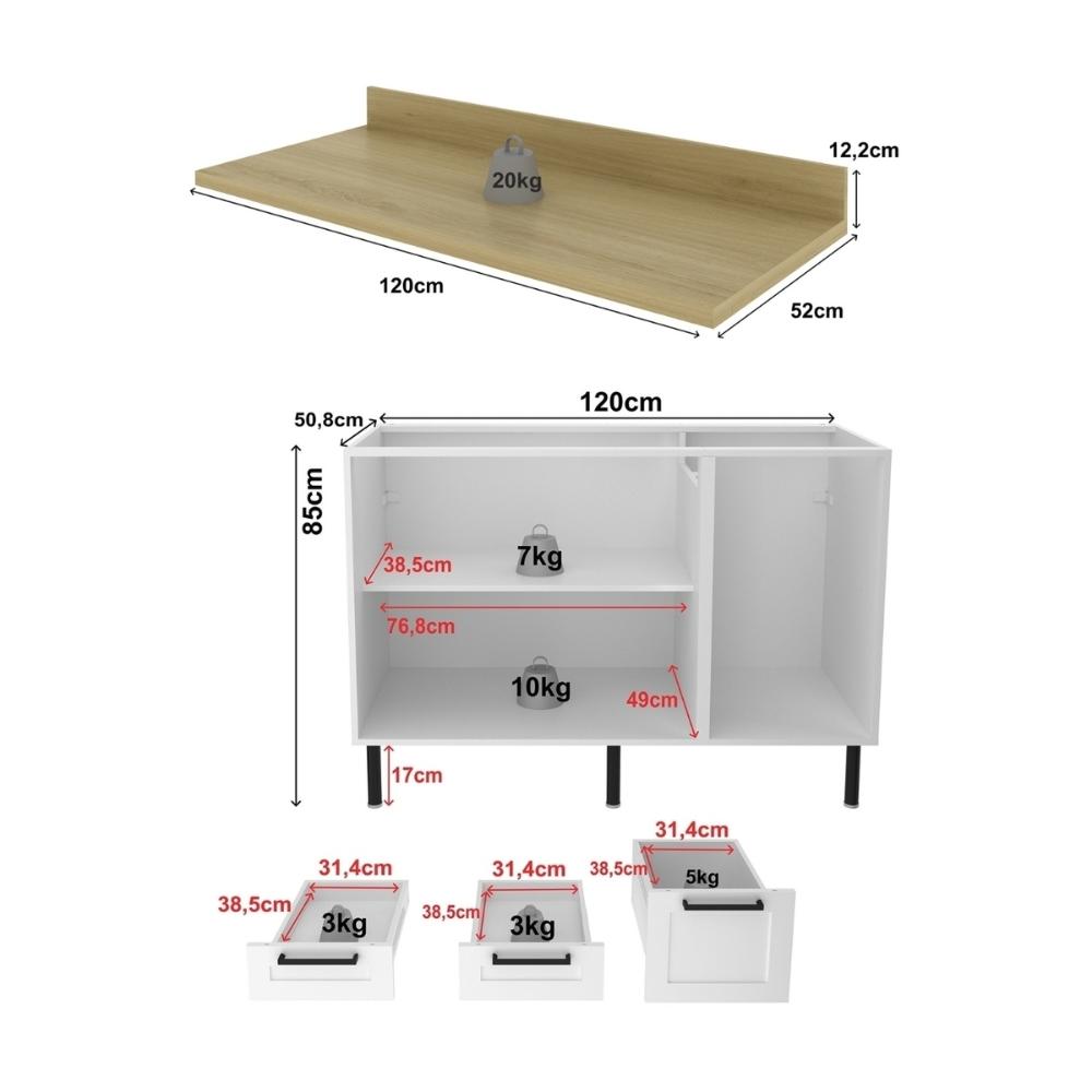 Balcão de Cozinha em MDF com Tampo 2 Portas e 3 Gavetas 120cm Multimóveis CR20462 Branco/Carvalho Tropical