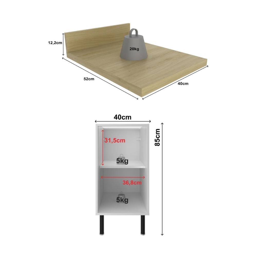 Balcão de Cozinha em MDF com Tampo e 1 Porta 40cm Multimóveis CR20464 Branco/Carvalho Tropical