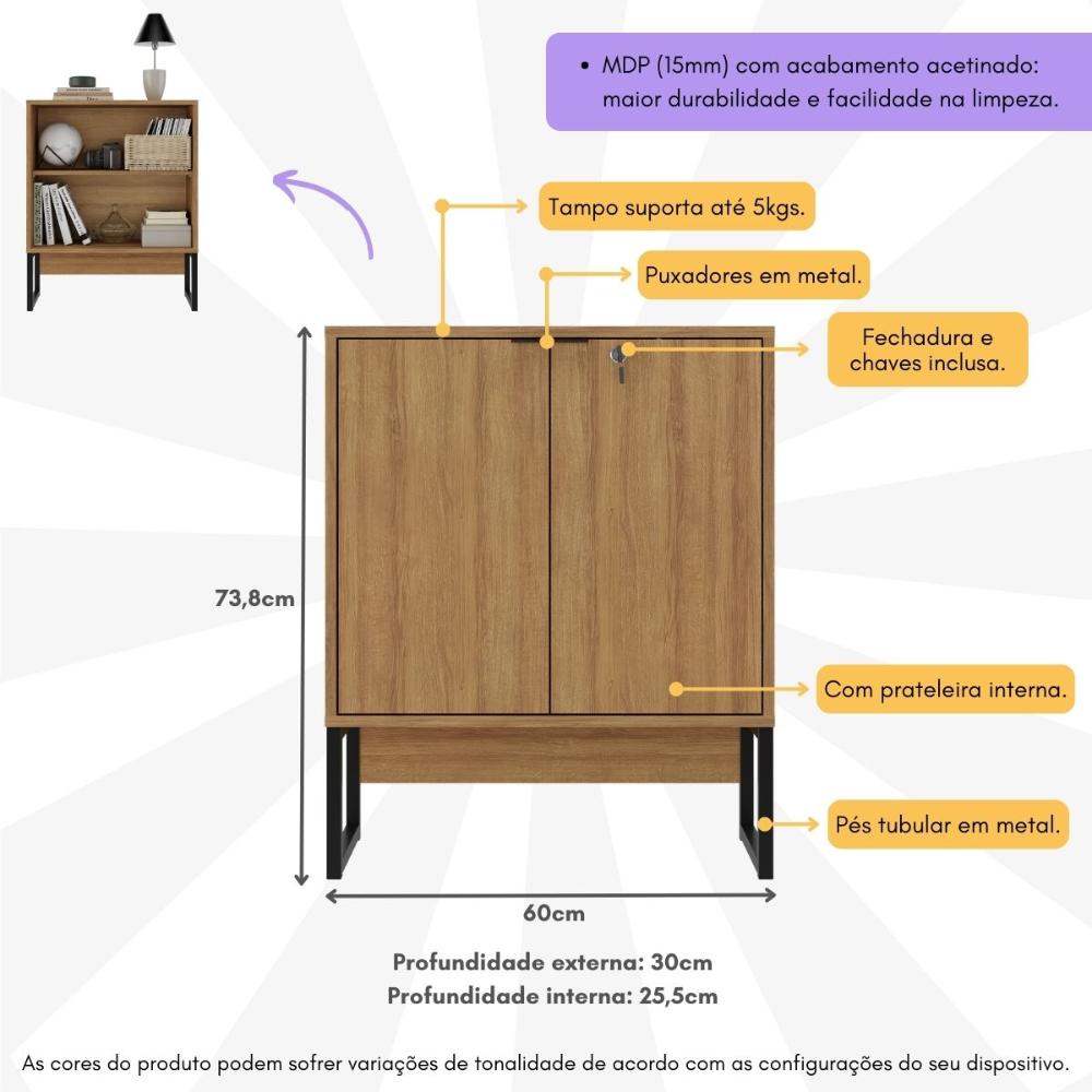 Balcão de Escritório 60cm com Chave 2 Portas e Pés Tubulares Multimóveis CR25282 Amêndoa/Preto