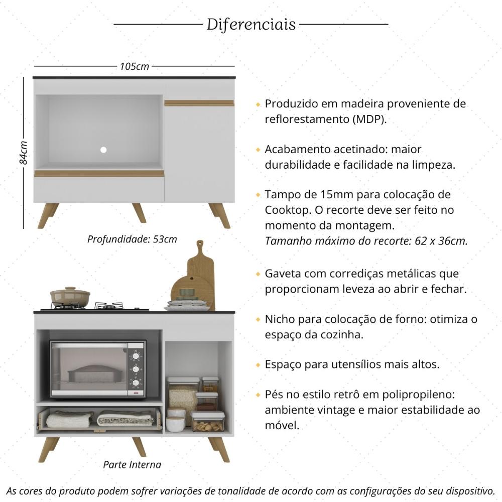 Balcão para Cooktop e Forno 105cm 1 Porta 1 Gaveta Veneza Multimóveis MP2258 Branco/Dourado