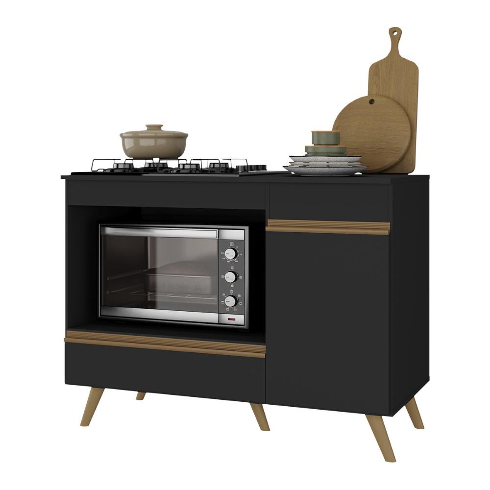 Balcão para Cooktop e Forno 105cm 1 Porta 1 Gaveta Veneza Multimóveis MP2258 Preto/Dourado