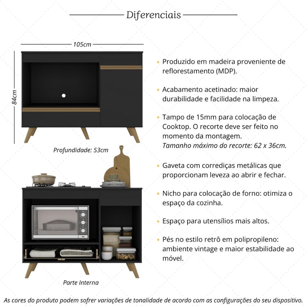 Balcão para Cooktop e Forno 105cm 1 Porta 1 Gaveta Veneza Multimóveis MP2258 Preto/Dourado